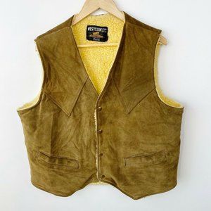 Vintage Western Wear Suede Leather Vest Sherpa Lined Mens Large Western Yoke